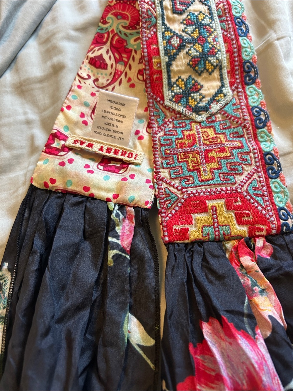 Johnny Was Silk Beaded Embroidered Floral Scarf Belt with Red Tassels - Picture 6 of 9